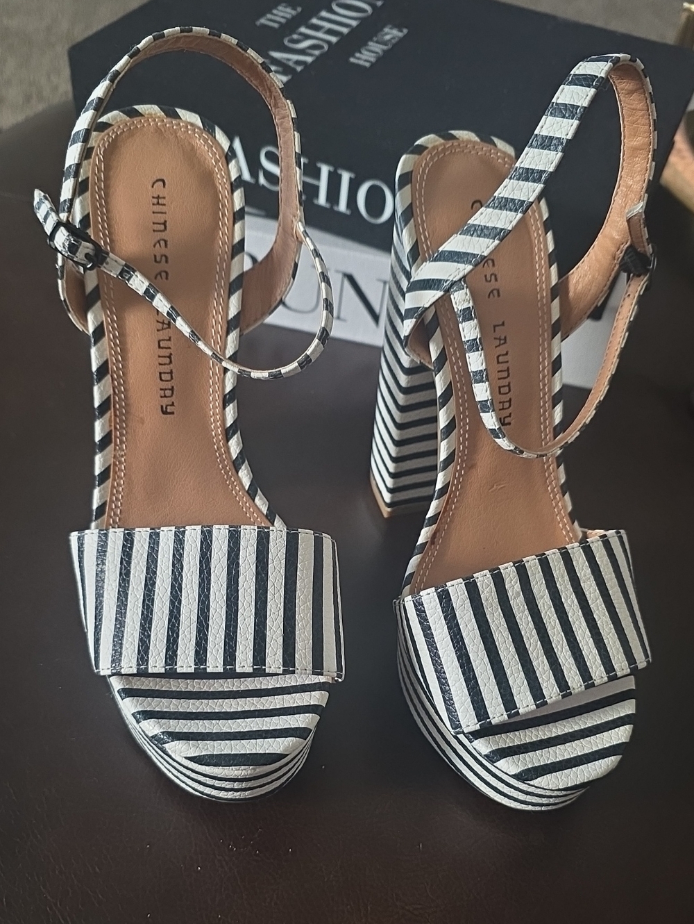 New Chinese Laundry Navy-Striped Block Heel Sandals